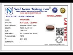Lab certificate for Red Jasper Stone 4.14 Carat (4.55 Ratti) - NATURAL JASPER, 4.14 CARAT / 4.55 RATTI
