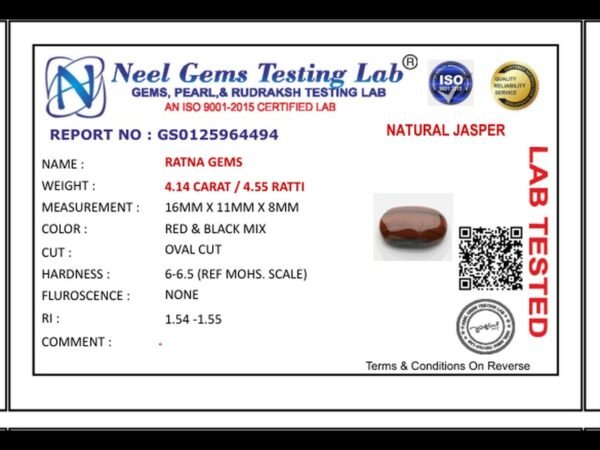 Lab certificate for Red Jasper Stone 4.14 Carat (4.55 Ratti) - NATURAL JASPER, 4.14 CARAT / 4.55 RATTI