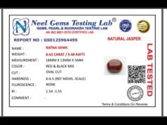 Lab certificate for Red Jasper Stone 8.63 Carat (9.48 Ratti) - NATURAL JASPER, 8.63 CARAT / 9.48 RATTI