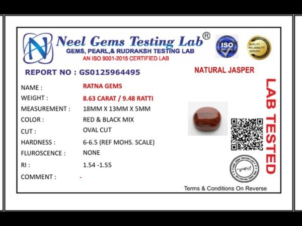 Lab certificate for Red Jasper Stone 8.63 Carat (9.48 Ratti) - NATURAL JASPER, 8.63 CARAT / 9.48 RATTI