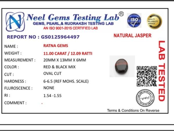 Lab certificate for Red Jasper Stone 11.00 Carat (12.09 Ratti) - NATURAL JASPER, 11.00 CARAT / 12.09 RATTI