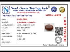 Lab certificate for Red Jasper Stone 8.90 Carat (9.78 Ratti) - NATURAL JASPER, 8.90 CARAT / 9.78 RATTI
