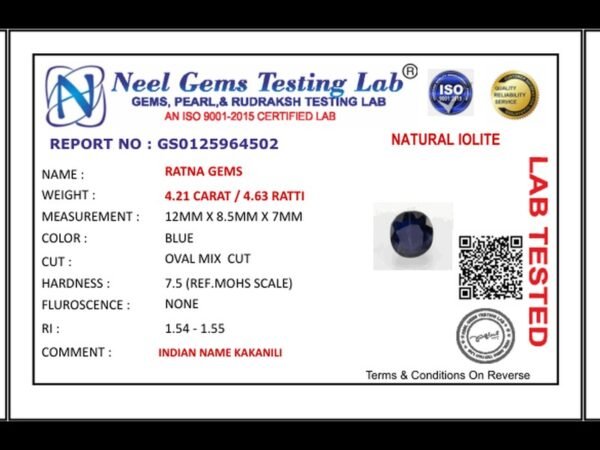 Lab certificate for Iolite Stone 4.21 Carat (Kaka Neeli Stone) - NATURAL IOLITE, 4.21 CARAT / 4.63 RATTI