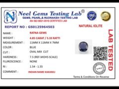 Lab certificate for Iolite Stone 4.85 Carat (Kaka Neeli Stone) - NATURAL IOLITE, 4.85 CARAT / 5.33 RATTI