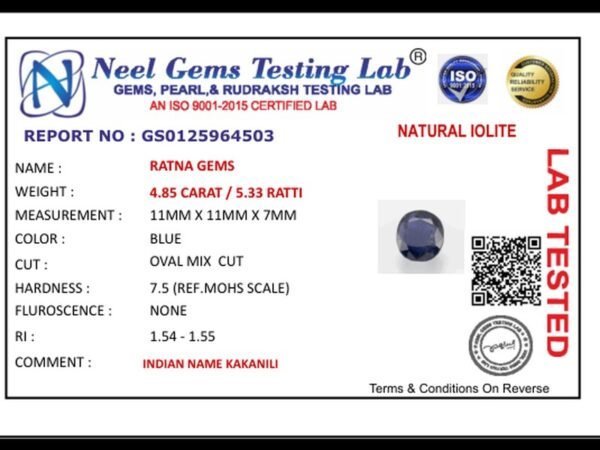 Lab certificate for Iolite Stone 4.85 Carat (Kaka Neeli Stone) - NATURAL IOLITE, 4.85 CARAT / 5.33 RATTI