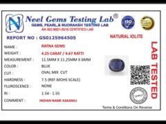 Lab certificate for Iolite Stone 4.25 Carat (Kaka Neeli Stone) - NATURAL IOLITE, 4.25 CARAT / 4.67 RATTI