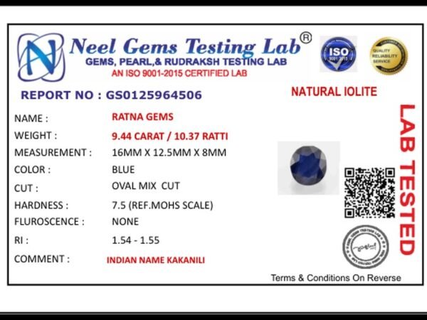 Lab certificate for Iolite Stone 9.44 Carat (Kaka Neeli Stone) - NATURAL IOLITE, 9.44 CARAT / 10.37 RATTI