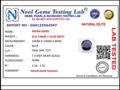 Lab certificate for Iolite Stone 9.51 Carat (Kaka Neeli Stone) - NATURAL IOLITE, 9.51 CARAT / 10.45 RATTI