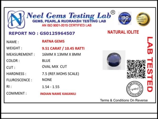 Lab certificate for Iolite Stone 9.51 Carat (Kaka Neeli Stone) - NATURAL IOLITE, 9.51 CARAT / 10.45 RATTI