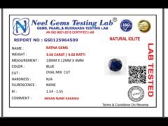 Lab certificate for Iolite Stone 3.66 Carat (Kaka Neeli Stone) - NATURAL IOLITE, 3.66 CARAT / 4.02 RATTI