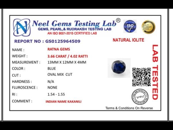 Lab certificate for Iolite Stone 3.66 Carat (Kaka Neeli Stone) - NATURAL IOLITE, 3.66 CARAT / 4.02 RATTI