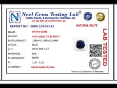 Lab certificate for Iolite Stone 4.87 Carat (Kaka Neeli Stone) - NATURAL IOLITE, 4.87 CARAT / 5.35 RATTI