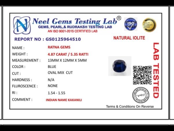 Lab certificate for Iolite Stone 4.87 Carat (Kaka Neeli Stone) - NATURAL IOLITE, 4.87 CARAT / 5.35 RATTI