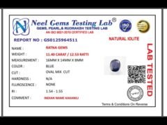 Lab certificate for Iolite Stone 11.40 Carat (Kaka Neeli Stone) - NATURAL IOLITE, 11.40 CARAT / 12.53 RATTI