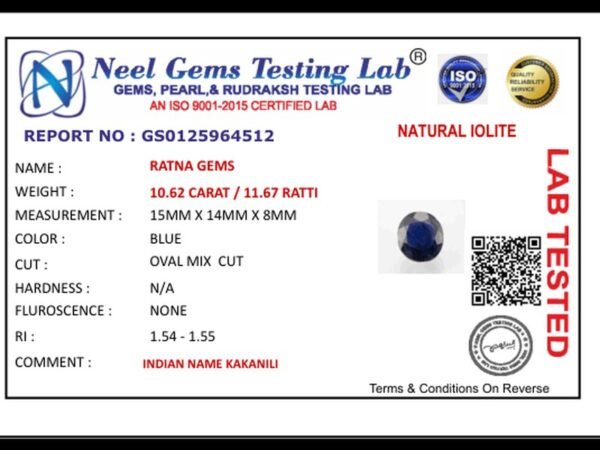 Lab certificate for Iolite Stone 10.62 Carat (Kaka Neeli Stone) - NATURAL IOLITE, 10.62 CARAT / 11.67 RATTI