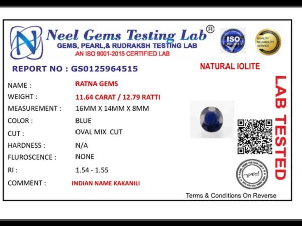 Lab certificate for Iolite Stone 11.64 Carat (Kaka Neeli Stone) - NATURAL IOLITE, 11.64 CARAT / 12.79 RATTI