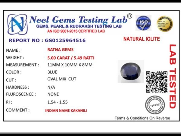 Lab certificate for Iolite Stone 5.00 Carat (Kaka Neeli Stone) - NATURAL IOLITE, 5.00 CARAT / 5.49 RATTI