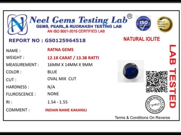 Lab certificate for Iolite Stone 12.18 Carat (Kaka Neeli Stone) - NATURAL IOLITE, 12.18 CARAT / 13.38 RATTI