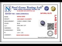 Lab certificate for Iolite Stone 4.85 Carat (Kaka Neeli Stone) - NATURAL IOLITE, 4.85 CARAT / 5.33 RATTI