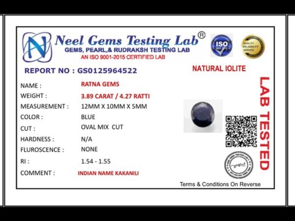 Lab certificate for Iolite Stone 3.89 Carat (Kaka Neeli Stone) - NATURAL IOLITE, 3.89 CARAT / 4.27 RATTI
