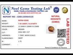 Lab certificate for African Gomed Stone 7.45 Carat (8.19 Ratti) Natural Certified Hessonite - NATURAL HESSONITE, 7.45 CARAT /