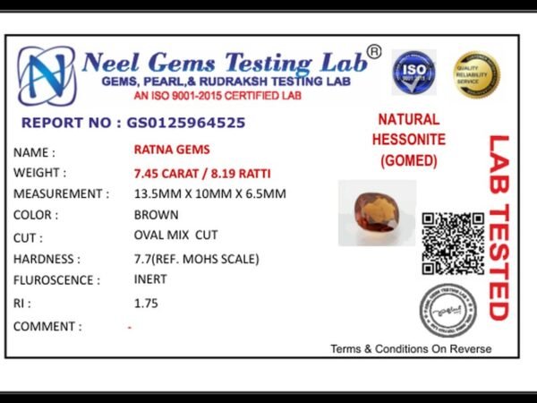 Lab certificate for African Gomed Stone 7.45 Carat (8.19 Ratti) Natural Certified Hessonite - NATURAL HESSONITE, 7.45 CARAT /
