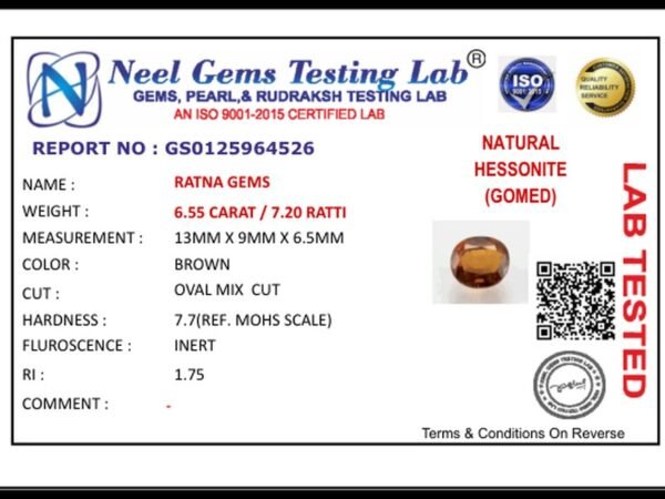 Lab certificate for Gomed Stone 7.20 Ratti (6.55 Carat) – Hessonite Stone - NATURAL HESSONITE, 6.55 CARAT / 7.20 RATTI