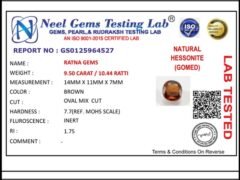 Lab certificate for Gomed Stone 10.44 Ratti (9.50 Carat) – Hessonite Stone - NATURAL HESSONITE, 9.50 CARAT / 10.44 RATTI