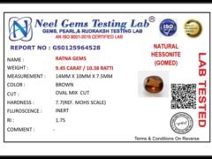 Lab certificate for Gomed Stone 10.38 Ratti (9.45 Carat) – Hessonite Stone - NATURAL HESSONITE, 9.45 CARAT / 10.38 RATTI