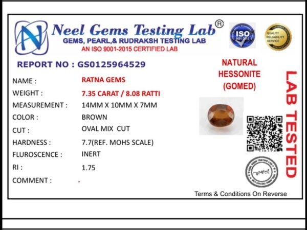 Lab certificate for Elegant Hessonite (Gomed) 7.35 Carat / 8.08 Ratti - Africa - NATURAL HESSONITE, 7.35 CARAT / 8.08 RATTI