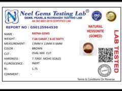 Lab certificate for Gomed Stone 8.42 Ratti (7.66 Carat) – Hessonite Stone - NATURAL HESSONITE, 7.66 CARAT / 8.42 RATTI