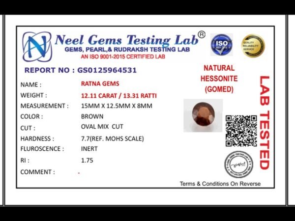 Lab certificate for Exquisite Hessonite (Gomed) 12.11 Carat / 13.31 Ratti - Africa - NATURAL HESSONITE, 12.11 CARAT / 13.31 R