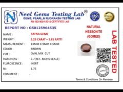 Lab certificate for Radiant Hessonite (Gomed) 5.29 Carat - 5.81 Ratti from Africa - NATURAL HESSONITE, 5.29 CARAT – 5.81 RATT