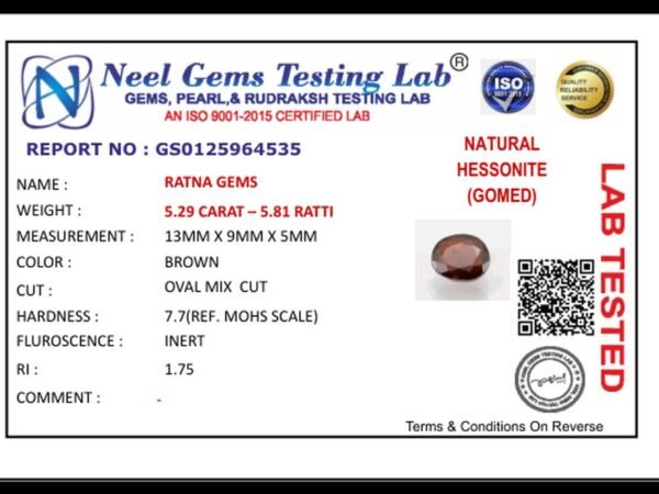 Lab certificate for Radiant Hessonite (Gomed) 5.29 Carat - 5.81 Ratti from Africa - NATURAL HESSONITE, 5.29 CARAT – 5.81 RATT