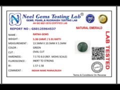 Lab certificate for Zambian Emerald 5.38 Carat (5.91 Ratti) – Panna Stone - NATURAL EMERALD, 5.38 CARAT / 5.91 RATTI