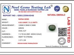Lab certificate for Brazilian Emerald 4.65 Carat (5.11 Ratti) Panna Stone — Sapota - NATURAL EMERALD, 4.65 CARAT / 5.11 RATTI