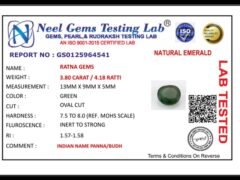 Lab certificate for Zambian Emerald 3.80 Carat (4.18 Ratti) Panna Stone - NATURAL EMERALD, 3.80 CARAT / 4.18 RATTI