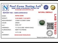 Lab certificate for Zambian Emerald 3.20 Carat (3.52 Ratti) Panna Stone - NATURAL EMERALD, 3.20 CARAT / 3.52 RATTI