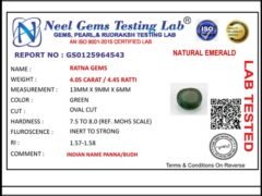 Lab certificate for Zambian Emerald 4.05 Carat (4.45 Ratti) Panna Stone - NATURAL EMERALD, 4.05 CARAT / 4.45 RATTI