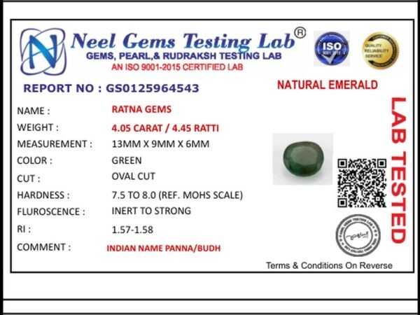 Lab certificate for Zambian Emerald 4.05 Carat (4.45 Ratti) Panna Stone - NATURAL EMERALD, 4.05 CARAT / 4.45 RATTI