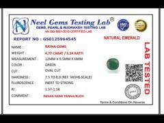 Lab certificate for Zambian Emerald 4.77 Carat (5.24 Ratti) – Panna Stone - NATURAL EMERALD, 4.77 CARAT / 5.24 RATTI