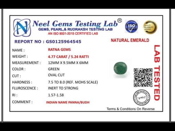 Lab certificate for Zambian Emerald 4.77 Carat (5.24 Ratti) – Panna Stone - NATURAL EMERALD, 4.77 CARAT / 5.24 RATTI