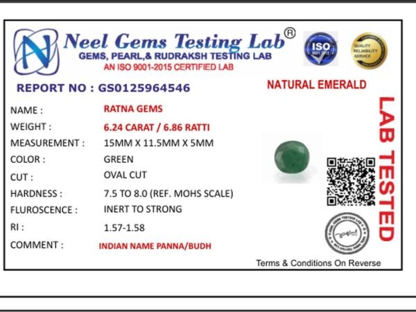Lab certificate for Brazilian Emerald 6.24 Carat (6.86 Ratti) – Panna Stone - NATURAL EMERALD, 6.24 CARAT / 6.86 RATTI
