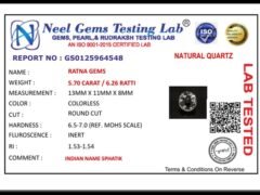 Lab certificate for Crystal Stone 5.70 Carat - 6.26 Ratti Sphatik - NATURAL QUARTZ, 5.70 CARAT / 6.26 RATTI