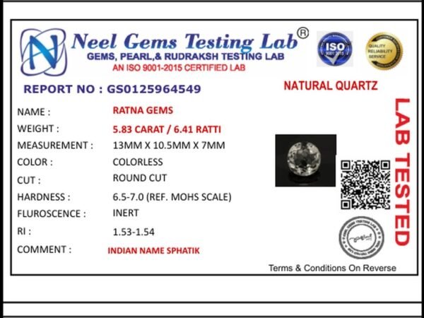 Lab certificate for Crystal Stone 5.83 Carat - 6.41 Ratti Sphatik - NATURAL QUARTZ, 5.83 CARAT / 6.41 RATTI