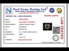Lab certificate for Crystal Stone 4.48 Carat - 4.92 Ratti Sphatik - NATURAL QUARTZ, 4.48 CARAT / 4.92 RATTI