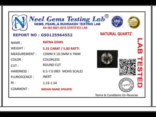 Lab certificate for Crystal Stone 5.31 Carat - 5.83 Ratti Sphatik - NATURAL QUARTZ, 5.31 CARAT / 5.83 RATTI