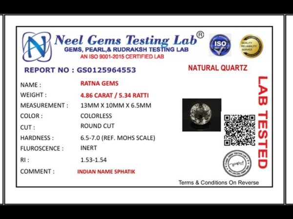 Lab certificate for Crystal Stone 4.86 Carat - 5.34 Ratti Sphatik - NATURAL QUARTZ, 4.86 CARAT / 5.34 RATTI