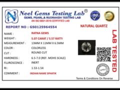 Lab certificate for Crystal Stone 5.07 Carat - 5.57 Ratti Sphatik - NATURAL QUARTZ, 5.07 CARAT / 5.57 RATTI