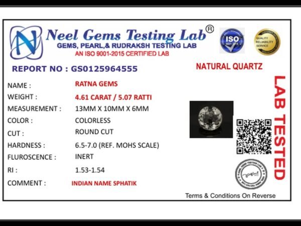 Lab certificate for Crystal Stone 4.61 Carat - 5.07 Ratti Sphatik - NATURAL QUARTZ, 4.61 CARAT / 5.07 RATTI